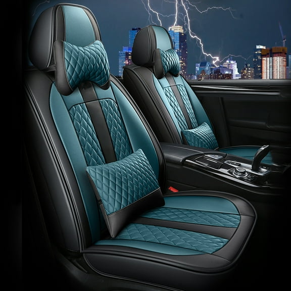 Maidao Car Seat Covers for Jeep for Gladiator 1962-1988 5 Seats Compatible Airbag Leather Waterproof Front Rear Cushion Protector Full Set with Headrest Black and Blue