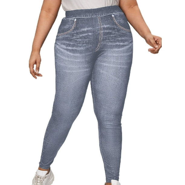 Sexy Dance Women Leggings Denim Print Faux Jeans Pant Tummy Control  Jeggings Butt Lifting Trousers Solid Color Fake Jean Light Blue L 
