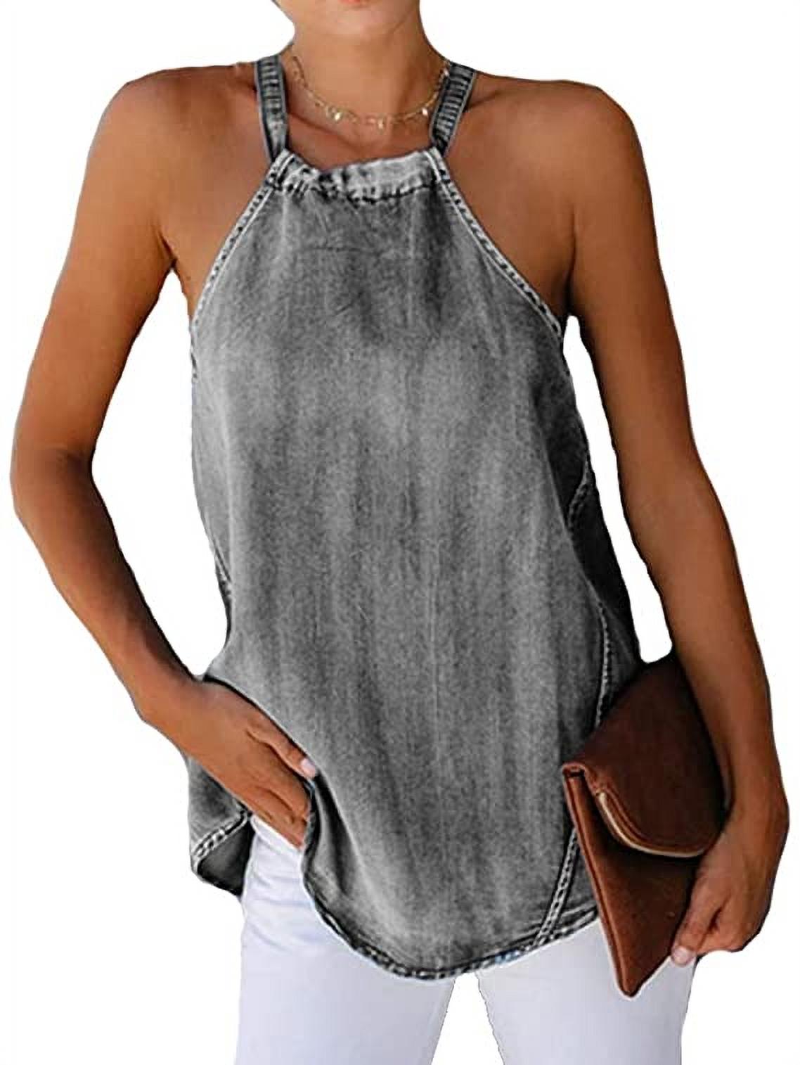Women Lady Sexy Halter Denim Vest Summer Sleeveless Casual Off-shoulder Backless Lace Tank Tops - image 1 of 5