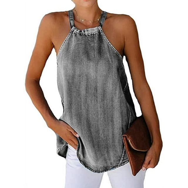 Women Lady Sexy Halter Denim Vest Summer Sleeveless Casual Off-shoulder Backless Lace Tank Tops