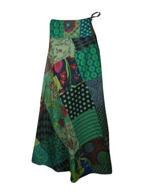 Mogul Women Green Magic Patchwork Cotton Wrap Around Skirt Printed Sarong Dress One Size