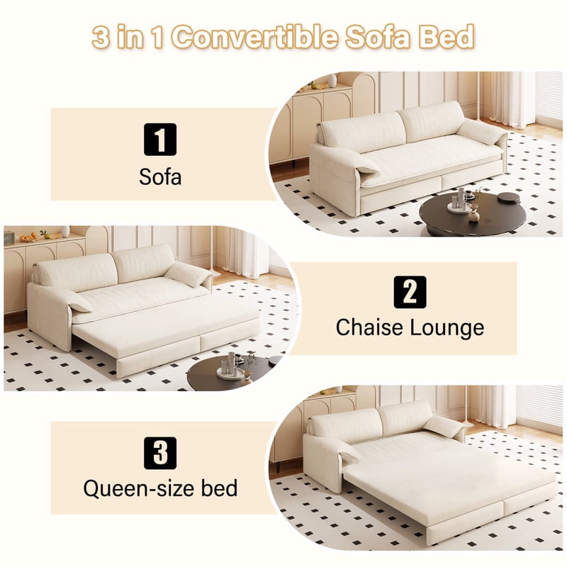 Convertible Queen Size Pull Out Sofa Bed, 3-in-1 Velvet Sleeper Sofa with Side Pocket, Modern 63.8'' Futon Couch for Living Room, Apartment