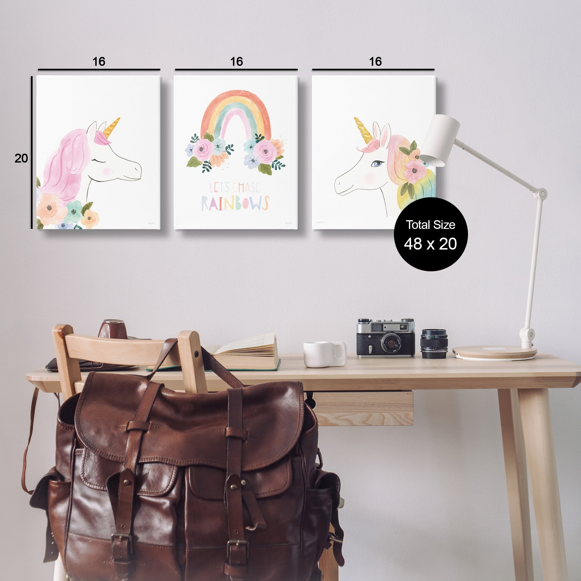 Stupell Industries Let's Chase Rainbows Phrase Fantasy Floral Unicorns Design by Jenaya Jackson, 3 Piece, 16" x 20"
