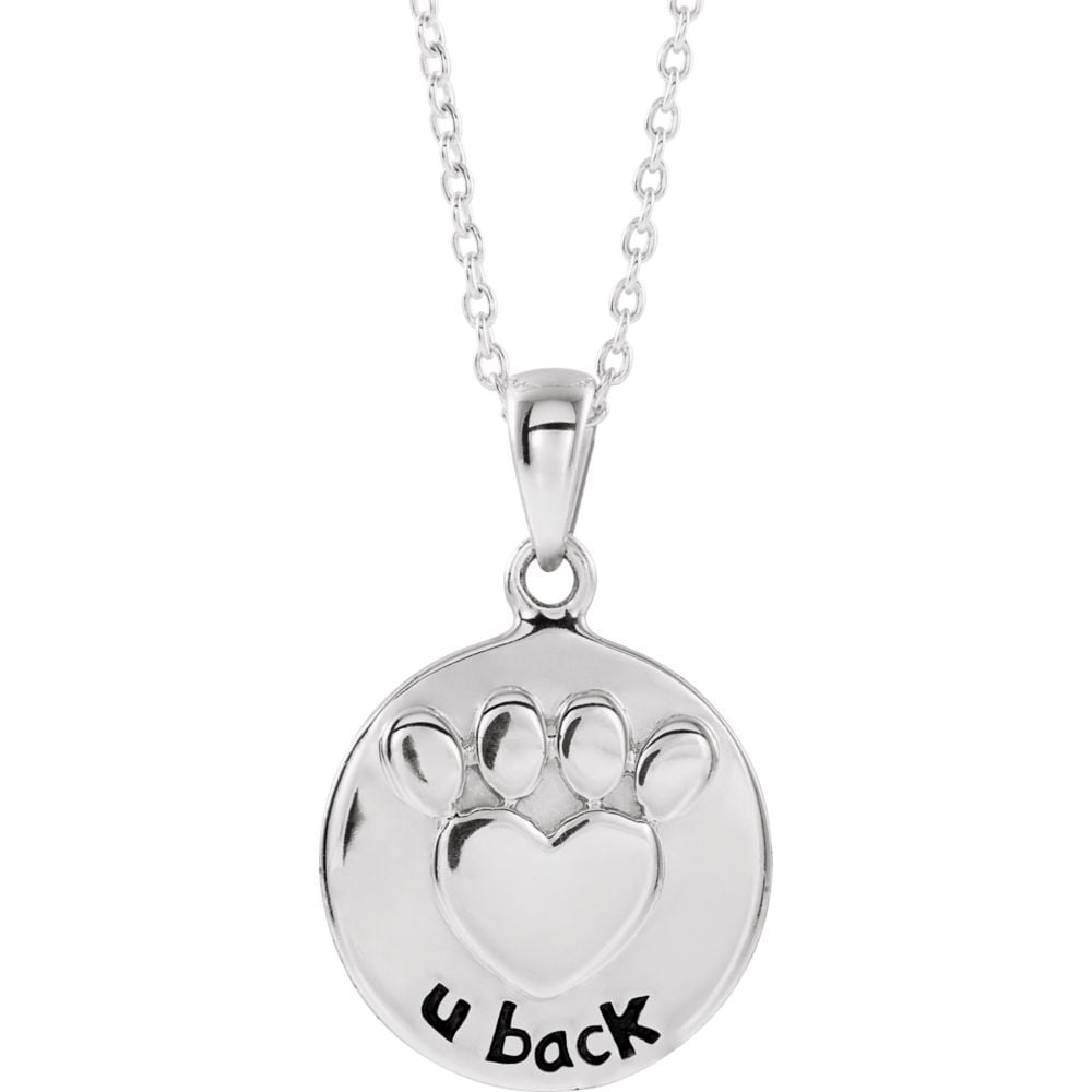 925 Sterling Silver Polished Heart U Back Raised Paw Necklace