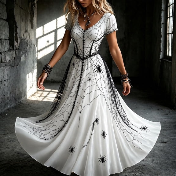 Valufy Women's Halloween Maxi Dress, White Spider Web Print V-Neck Short Sleeve Costume Gown, A-Line Flared Party Dress