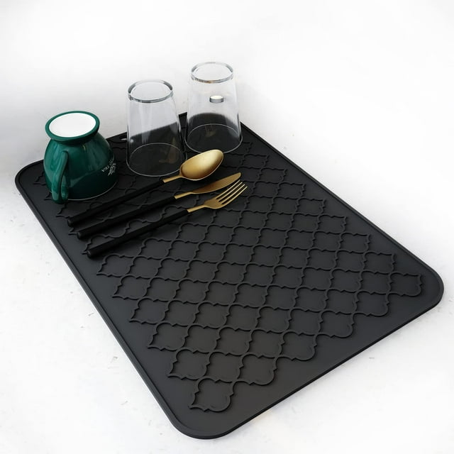 Alfombrillas para secar platos para encimera de cocina, alfombrilla de silicona para secar platos, alfombrilla para secar platos de cocina, alfombrilla resistente al calor (12" x 16, NEGRO)