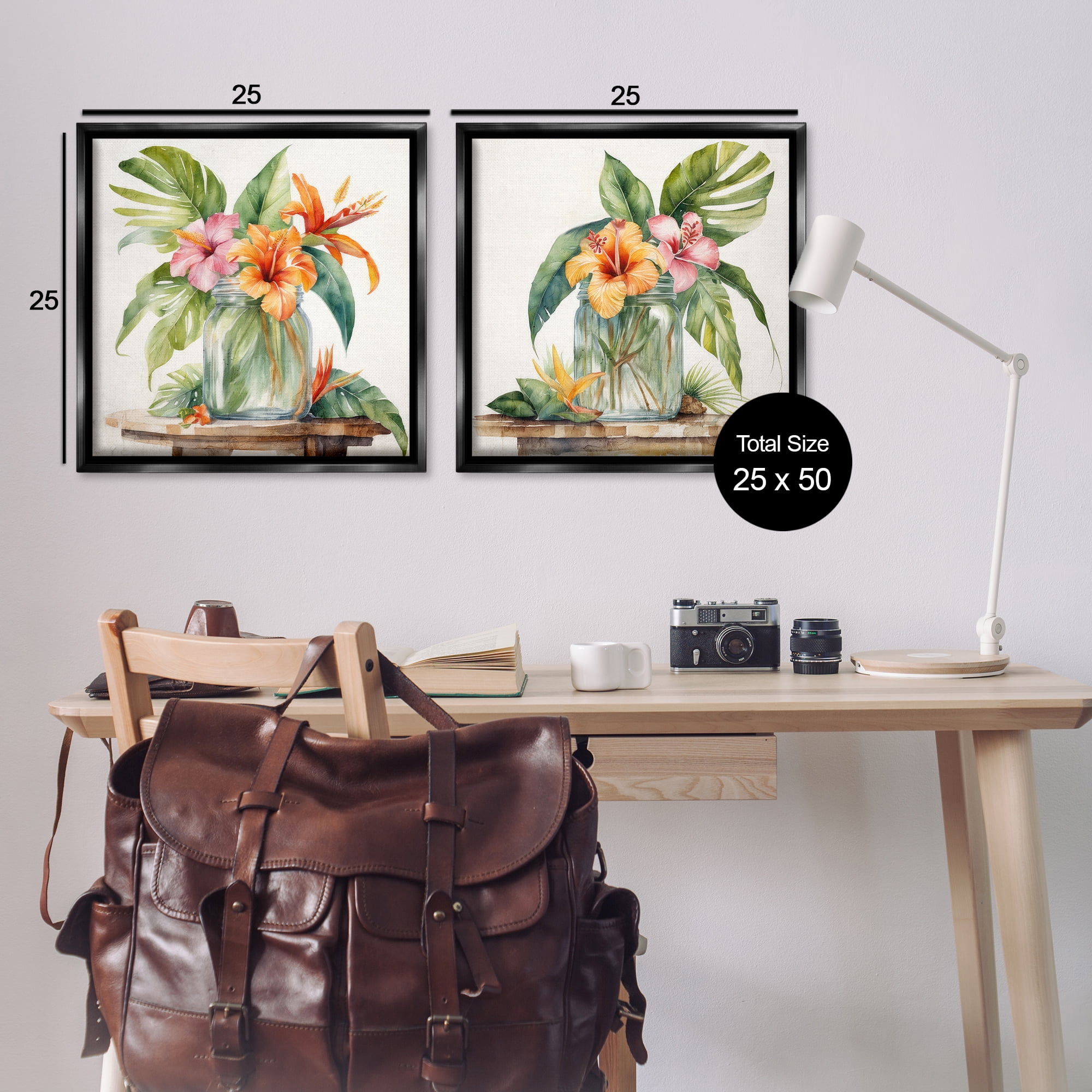 Stupell Industries Tropical Hibiscus Floral Jar Plants & Flowers Painting Black Floater Framed Canvas Art Print Wall Art, 25 x 25, Set of 2