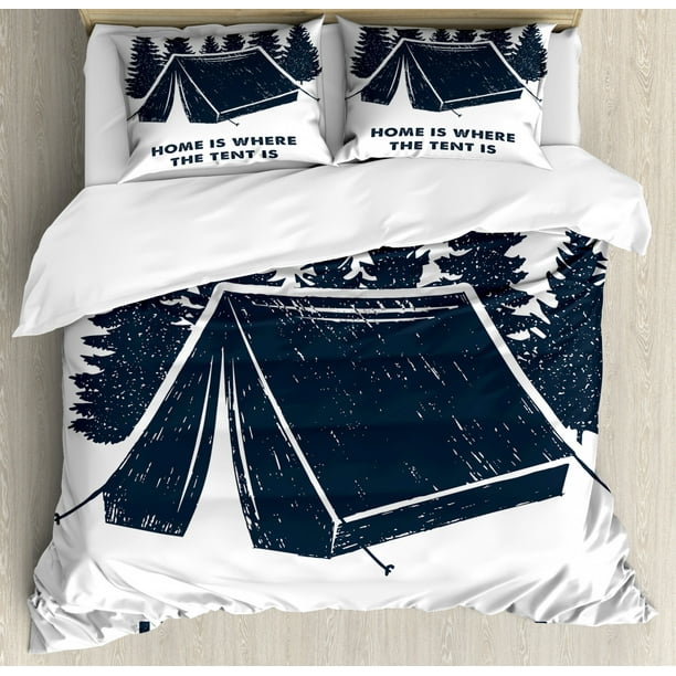 E Duvet Cover Set Home Is Where The Tent Lettering With Pine Trees Camping Travel Theme Decorative Bedding Pillow Shams Dark Blue White By Ambesonne Com E Duvet Cover Set Home Is Where, Travel Themed Twin Bedding