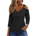 thumbnail image 3 of Ropa para adolescentes,Blusa informal de poliéster con hombros descubiertos para mujer, cuello en V y mangas 3/4, tejido ligero y transpirable, para uso diario, sopatenor, 3 of 8