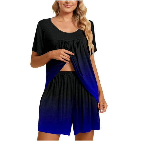 Summer Savings Clearance! yievot Women's Sleepwear Pajama Sets Short Sleeve Two Piece Loungewear Round Neck Tunic Tops & Shorts