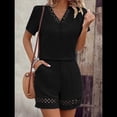thumbnail image 4 of Conjunto de 2 Piezas de Corta para Mujer, Camisetas de Verano Holgadas con Encaje y Cuello en V, Blusa Tipo Túnica con Mangas con Volantes y Pantalones Cortos, Negro, XXL, 4 of 7