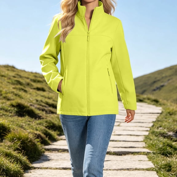 Mifsaly Womens Softshell Jacket Full Zip Stand Collar Windbreaker Long Sleeve Casual Outdoor Coat with Zipper Pockets Yellow,XXL