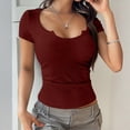 thumbnail image 2 of Short Sleeve Ribbed Knit Bodysuit for Women Scoop Neck Slim Fit Stretchy One Piece Top with Notched Detail Wine S, 2 of 5