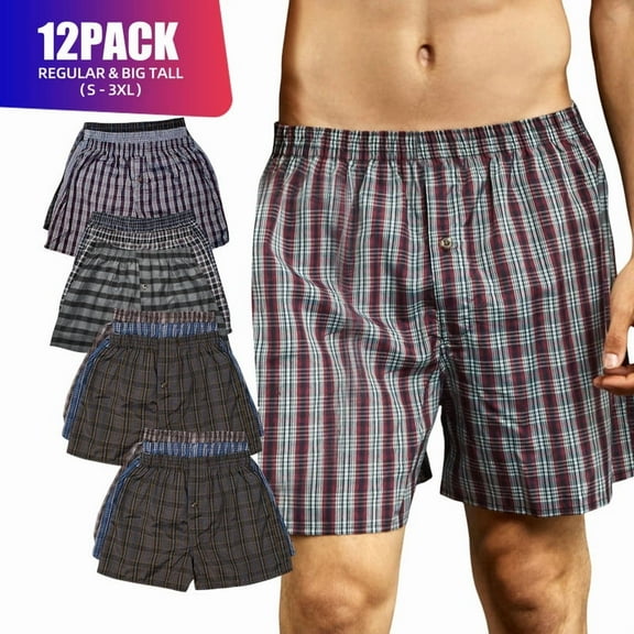 12 Pack Men's Cotton Blend Boxer Shorts Random Mixed Color Pack Woven Relaxed Fit Boxers for Men Soft Breathable Mens Underwear with Button Fly Pouch Elastic Waist Comfortable Fabric Menswear