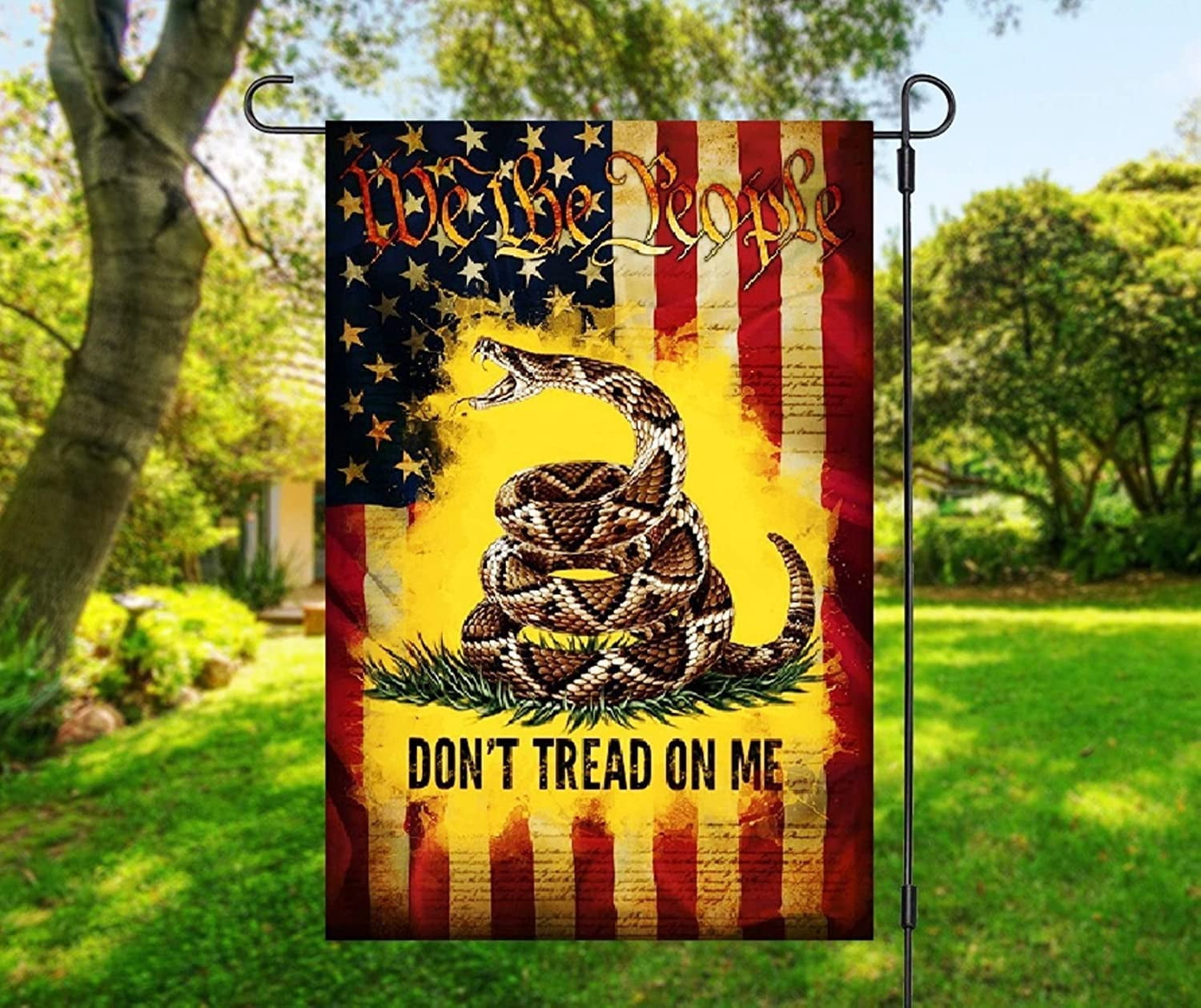 Double Sided - Side 1 - Gadsden Don't tread on me - Side 2 - USA American Flag - Deluxe Garden Flag 12" x 18" 3-ply 600 Denier 110 Knitted Polyester