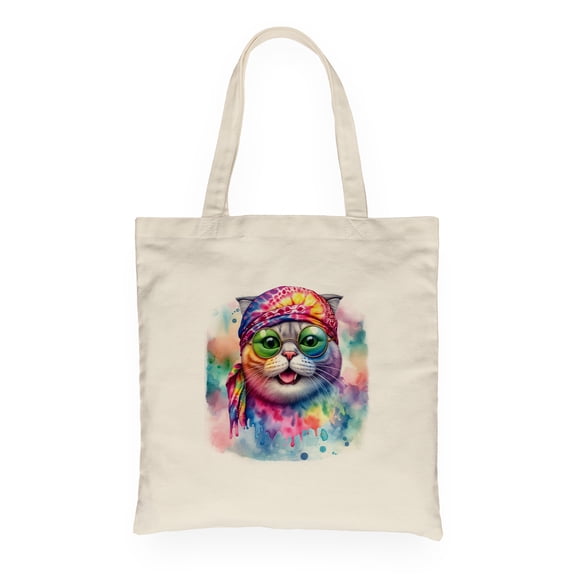 Hippie Scottish Fold Portrait Watercolor Tie-Dye Vintage Styles Canvas Tote Bag Cat Lover Kitten Owner Gifts Reusable Shopping Grocery Bag - 00014
