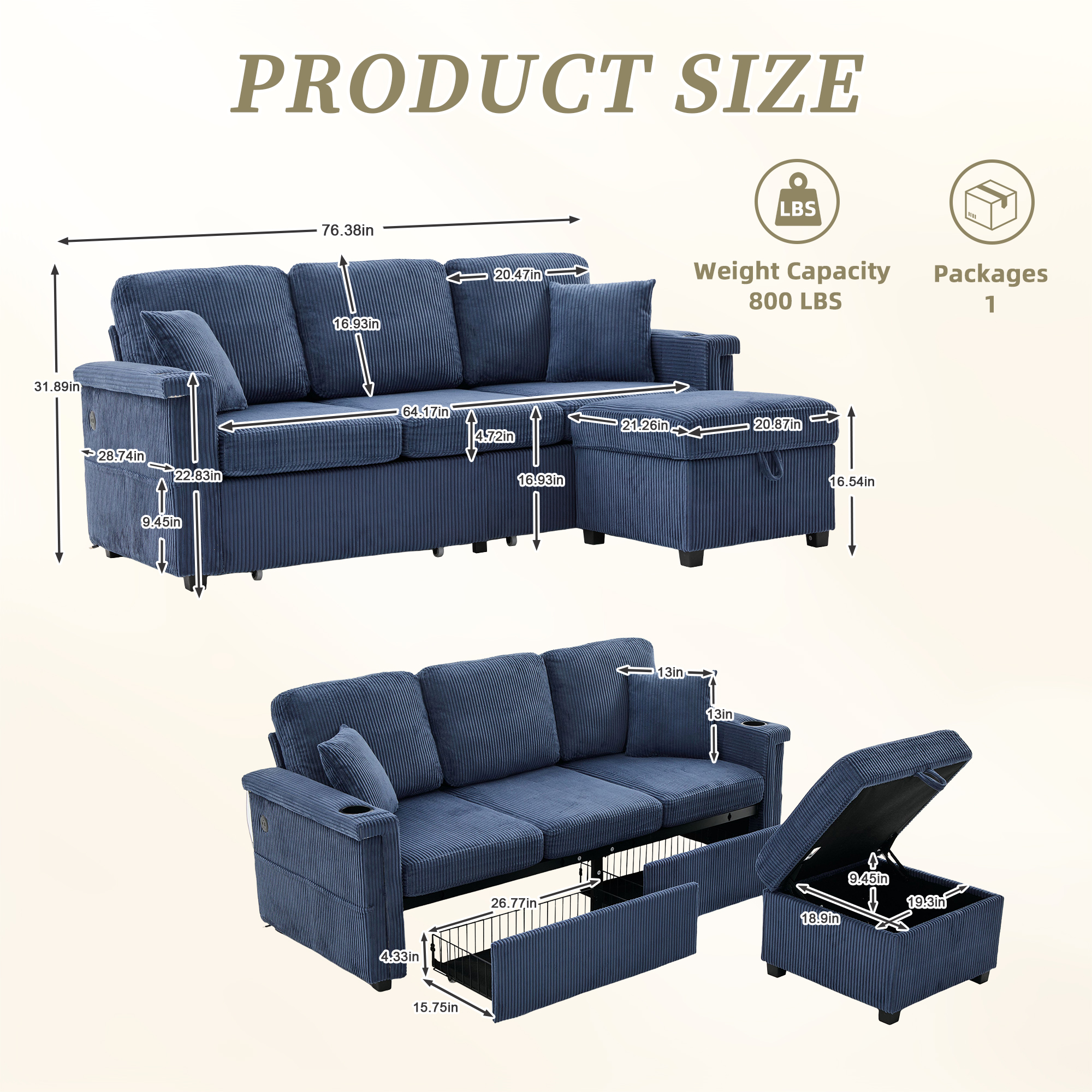 MOONMISS Corduroy Upholstered L-shaped Pull-Out Storage Sectional Sofa with Storage Ottoman,USB Charging,Cup Holder-Navy Blue