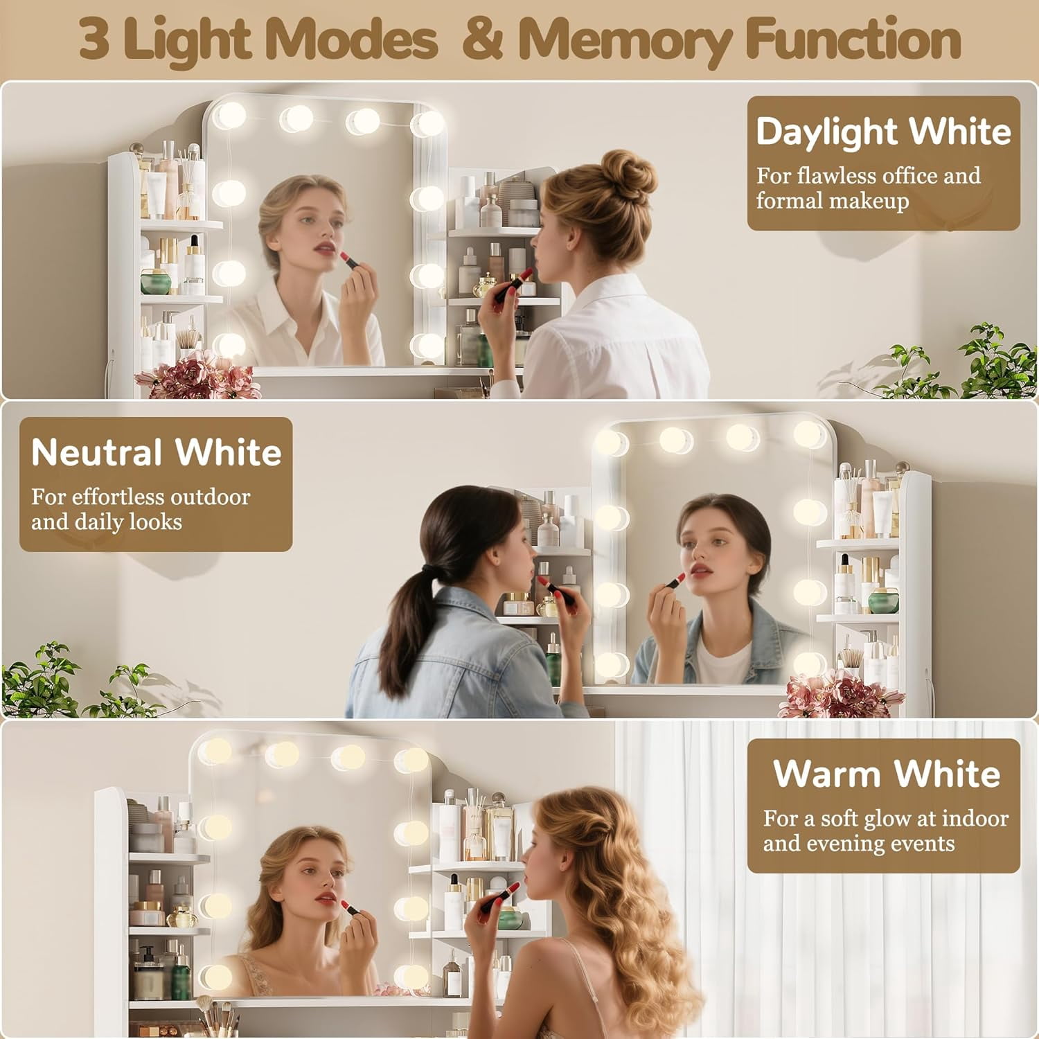 Pipleo 31" W Makeup Vanity Desk with Mirror and Lights, Small Vanity Table with 8 Storage Shelves, Big Drawer and 3 Lighting Colors, Bedroom Vanity for Girls