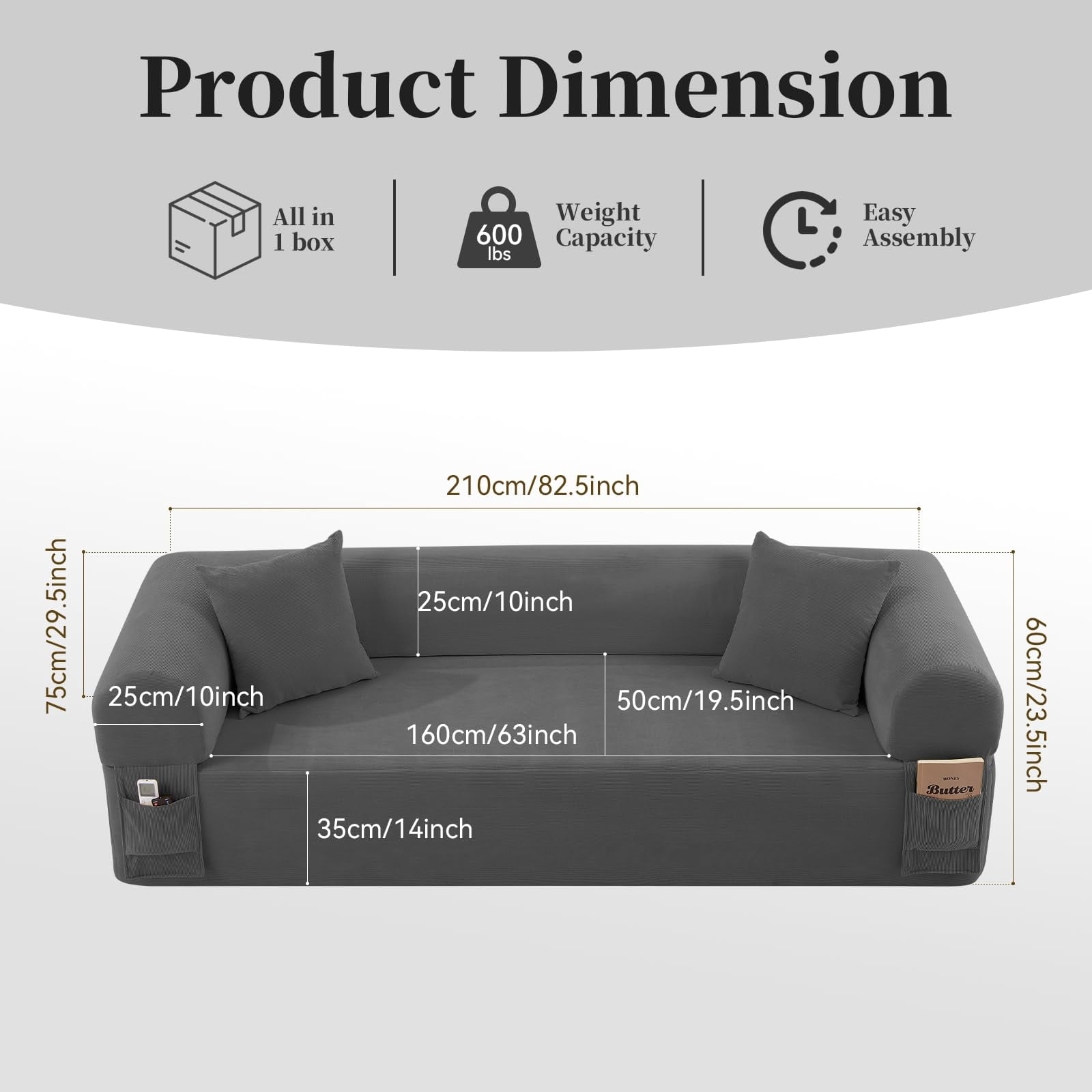 3-Seater Sofa, 83" No Assembly Deep Loveseat Couch in A Box, Spring & High-Elastic Sponge Filling Sofas with 2 Cushions & Side Storage Pockets for Living Room Apartment, Gray