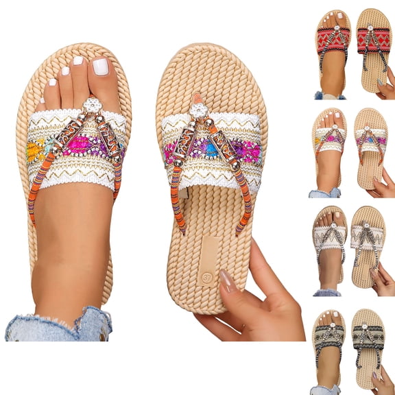 Dakaela Women's Casual Woven Sandals Bohemian Braided Summer Beach Flip Flops Open Toe Flat Slides Walking Slippers Shoes Size 6-11 Beige