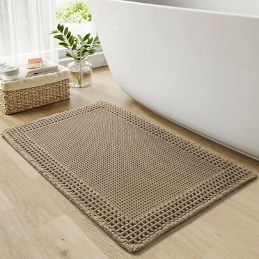Waffle Bath Mat, Super Absorbent, Non Slip, Machine Washable, Ultra Soft Boho Bath Rug with Tassels, Upgraded Bordered Design, 24"x36", Brown