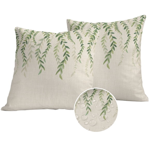 Green Eucalyptus Leaves Outdoor Pillow Covers 20x20 Set of 2,Waterproof Patio Throw Pillowcase Protectors,Rustic Weep Botanical Leaf Beige Decorative Pillow Shams Cushion Covers for Seat Bed Couch