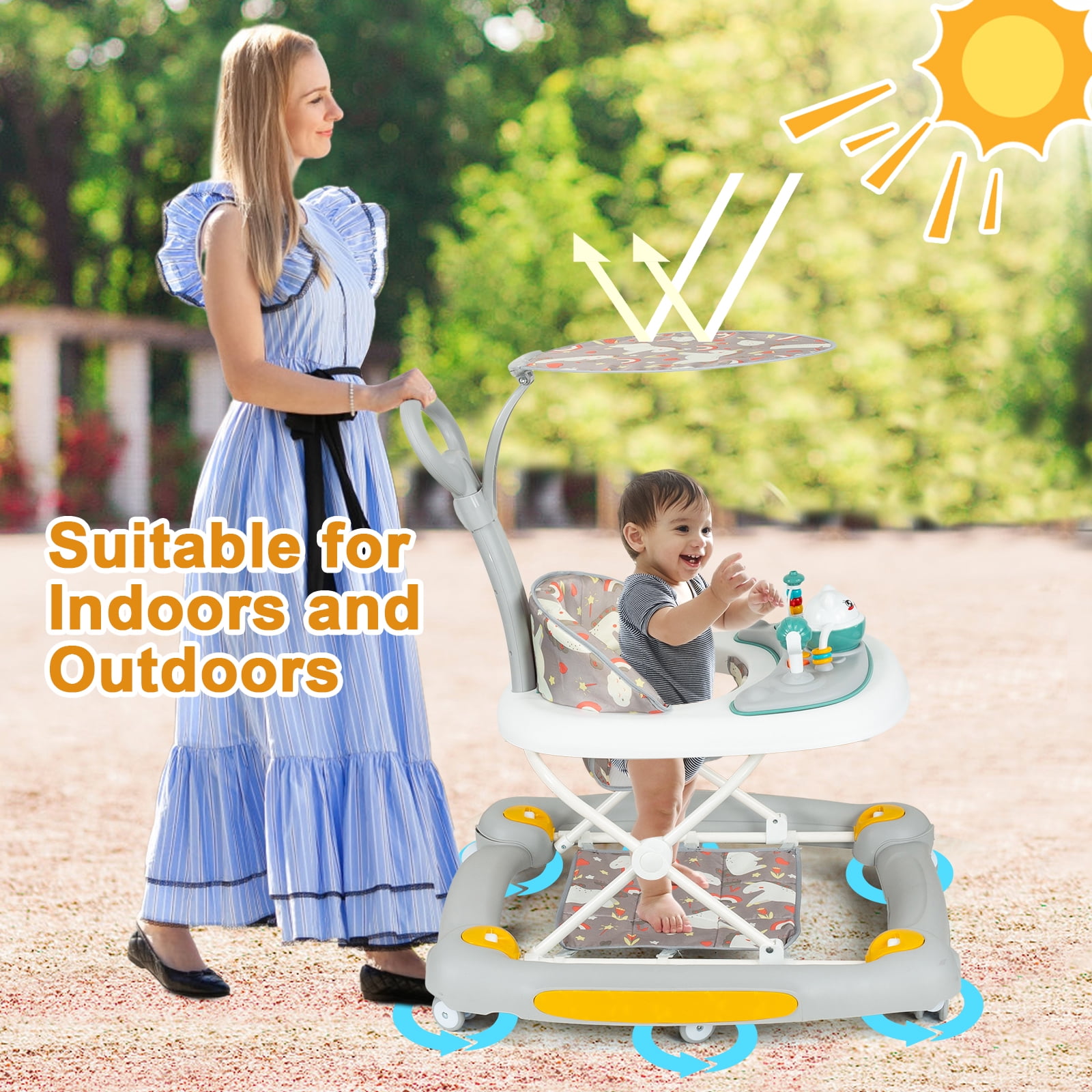 Activity Baby Walker for Girls and Boys, 5-in-1 Baby Walker with Music Toys, Height Adjustable, Grey