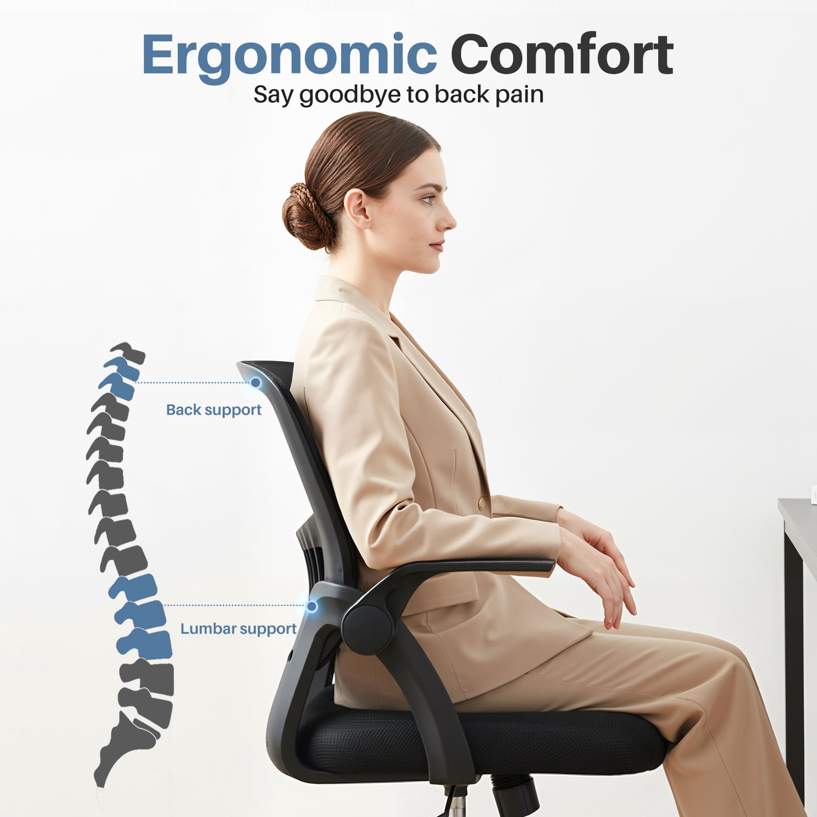 EDX Desk Chair with Ergonomic Lumbar Support, Flip-Up Armrests & Removable Footrest - 250lbs Capacity, Suitable for Home, Office, Bedroom, Black