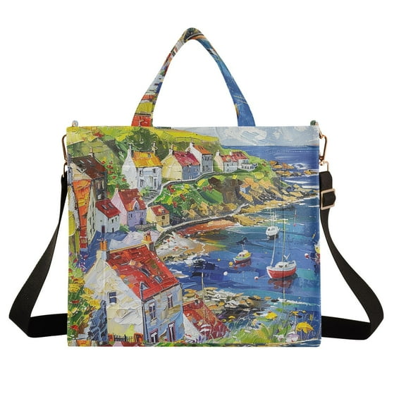 Coastal Village Houses Corduroy Tote Bag Handbag Large Messenger Bag Shoulder Crossbody Zipper Bag Purse