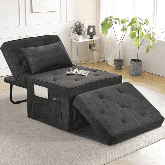 4‑in‑1 Convertible Ottoman Sleeper Chair, Adjustable Folding Guest Sofa Bed, Multi‑Function Indoor Lounge Couch, 28" Wide,Dark Gray