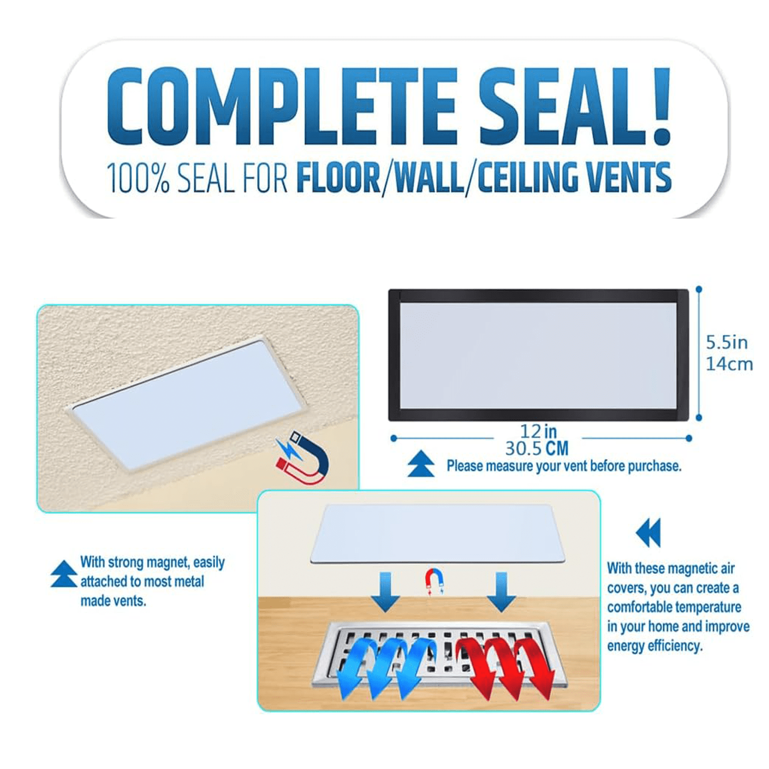 5 Pcs Strong Magnetic Vent Covers, 5.5x12 inch Vent Covers for Home Floor, Pockets for Complete Seal, Air Vent Covers for Floor Wall and Ceiling Registers, Home and RV, HVAC and AC Vents-White
