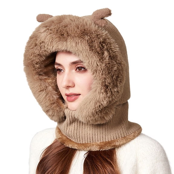 WZXFASHION Ribbed Knit 3-in-1 Hat Scarf Ear Flap Combo Winter Hat for Women and Men Khaki One Size