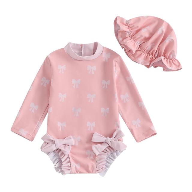 Coerni Kids UPF50+ Rash Guard Bathing Suit Girls Cute Bow Print One-Piece Swimsuits & Sun Hat Swimming Suit Rashguard