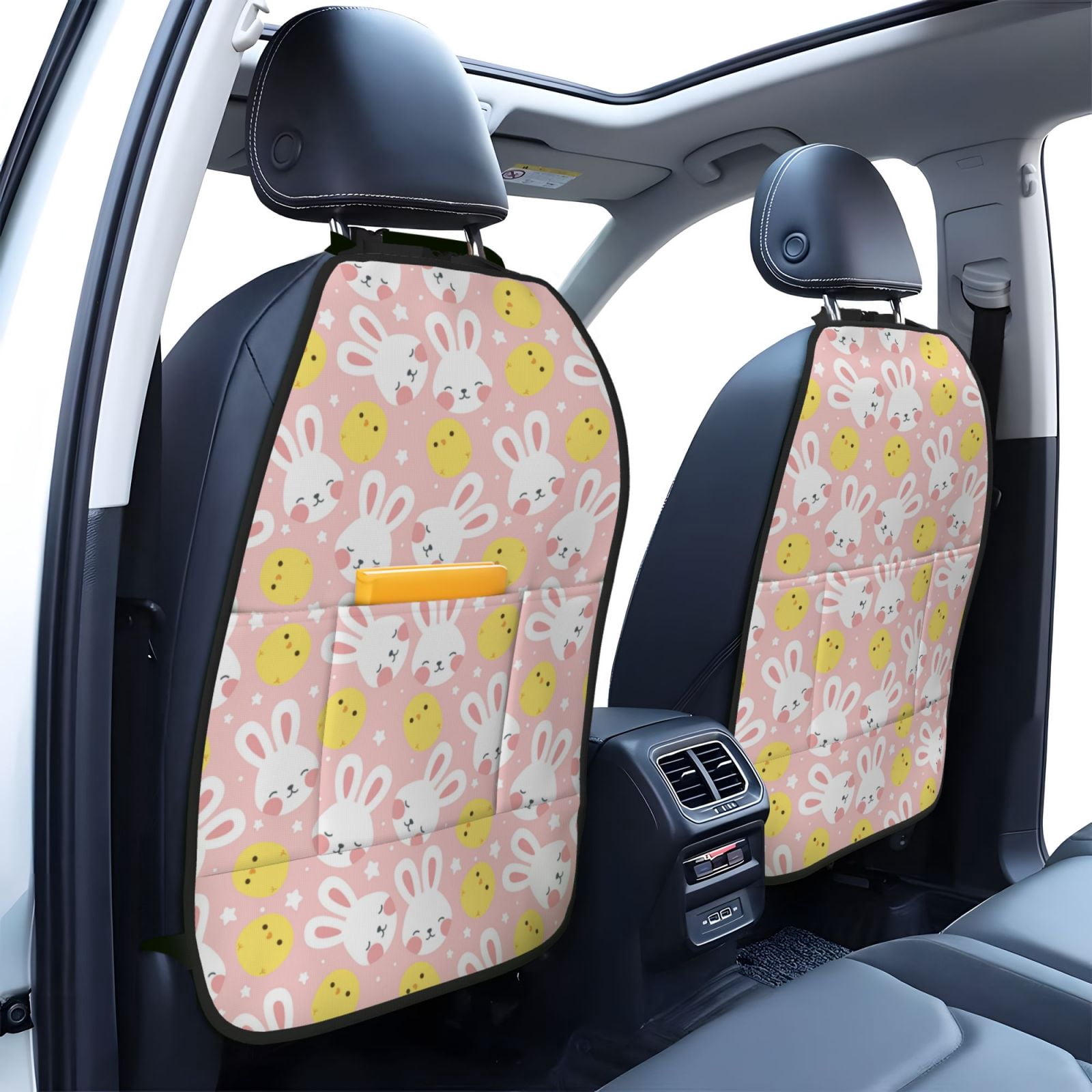 Xecao Rabbit And Chick Pattern Car Seat Back Protector 2 Pack Large Capacity Pocket, Kick Mats Back Seat Protector