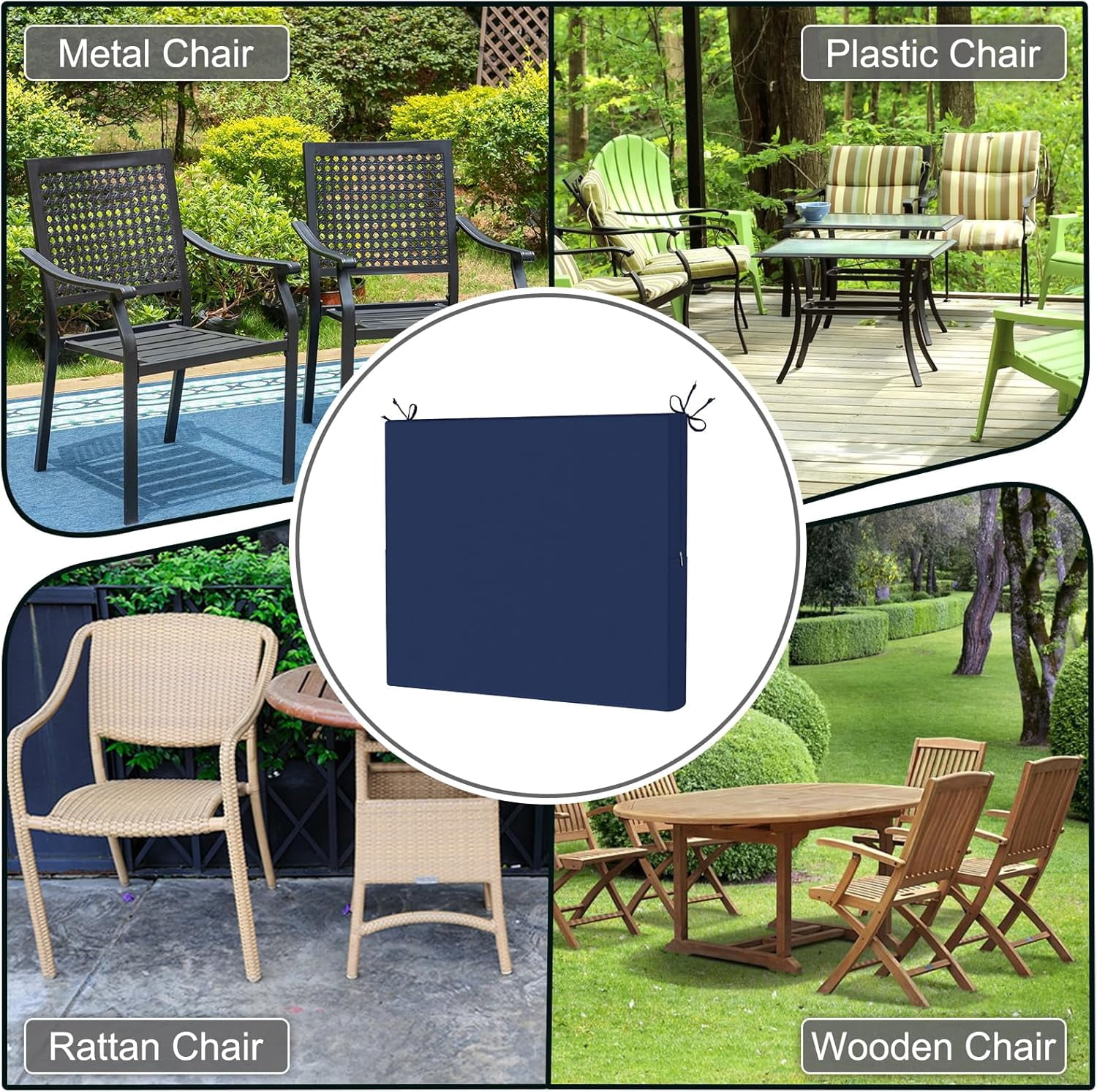 Outdoor Seat Pads Chair Cushions Pack of 2 Waterproof Patio Furniture Seat Cushions With Adjustable Straps for Patio,Garden,Living Room,18.5"x16"x3",Navy Blue