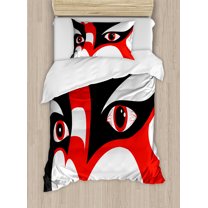Ambesonne Kabuki Duvet Cover Set, Japanese Drama Face, Twin, Black White Orange