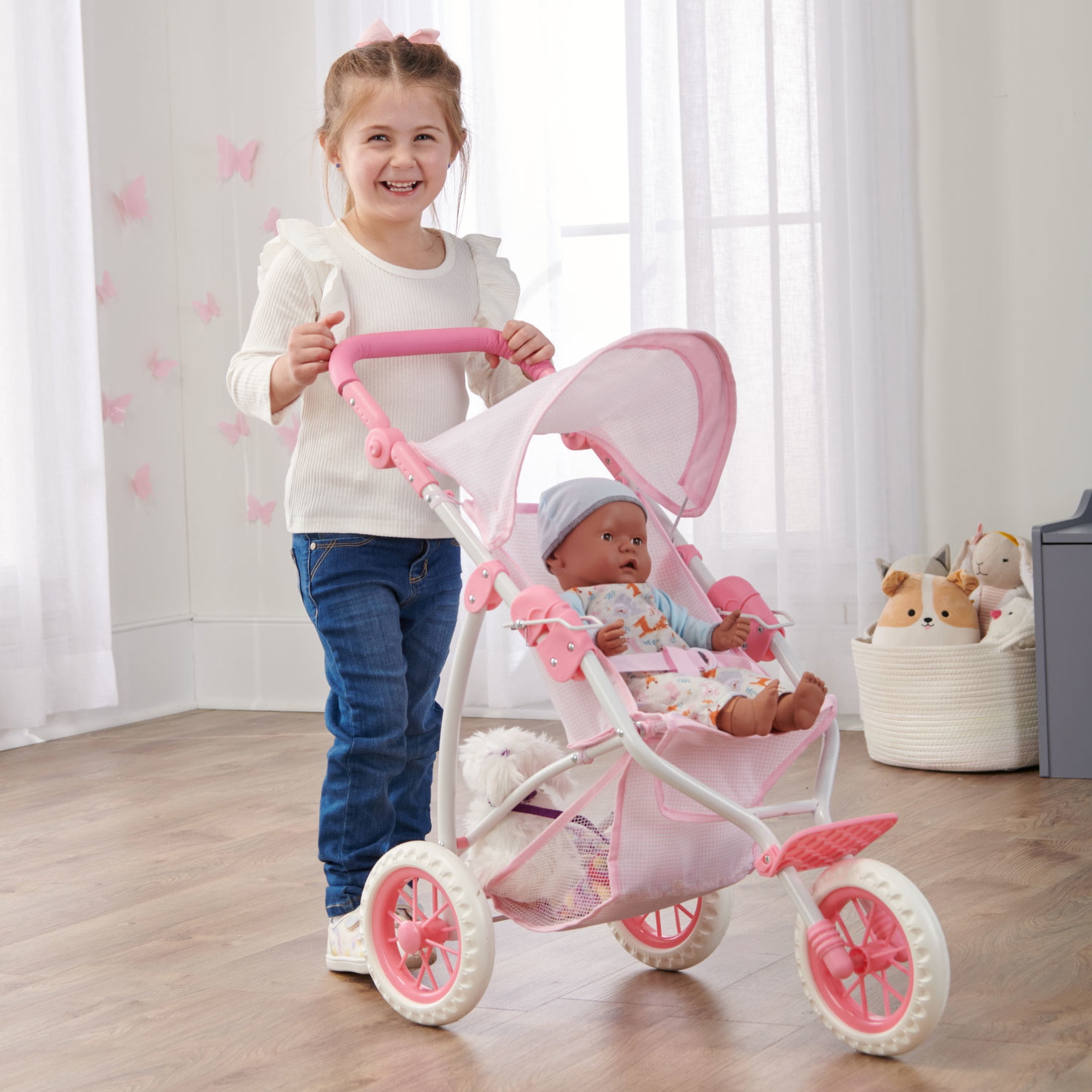Folding Three Wheel Doll Jogging Stroller - Pink/Gingham