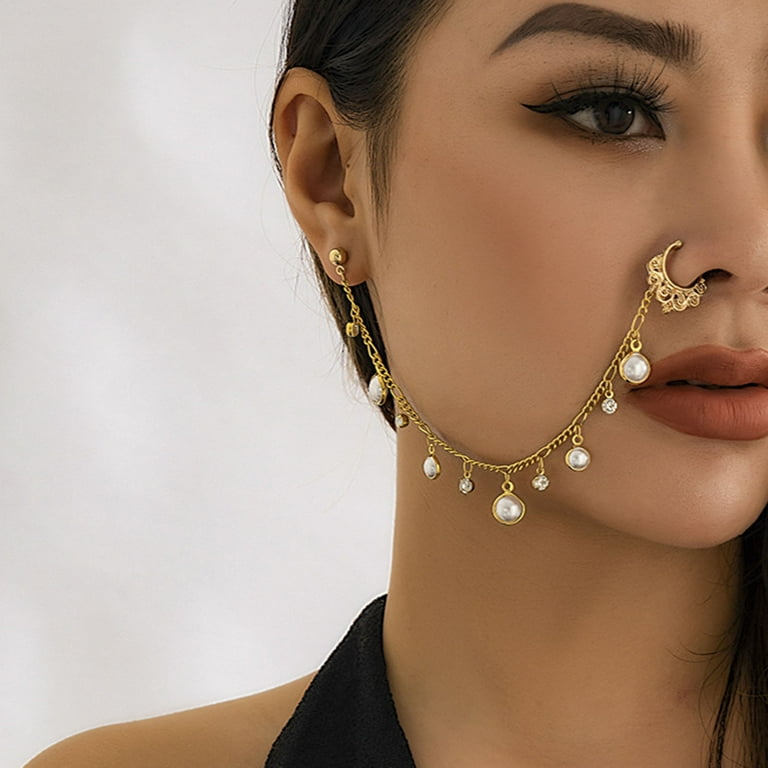 Kiskick Stud style Nose Ring Nose Chain Jewelry Ethnic Style Star Leaf Faux Pearl Tassel Chain Nose Jewelry Piercing Stud Earrings Nose Ring Nose