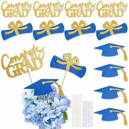 2 Set Paper Graduation Party Centerpiece Sticks Toppers for Party Decoration Supplies with Wood Bar Glue Blue 216x126x0.4~0.9mm