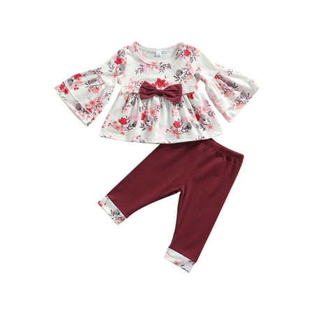 

Sunisery Newborn Infant Baby Girls Flare Long Sleeve Floral Dress Top+Long Pants Fall Outfits Wine red 3-6 Months