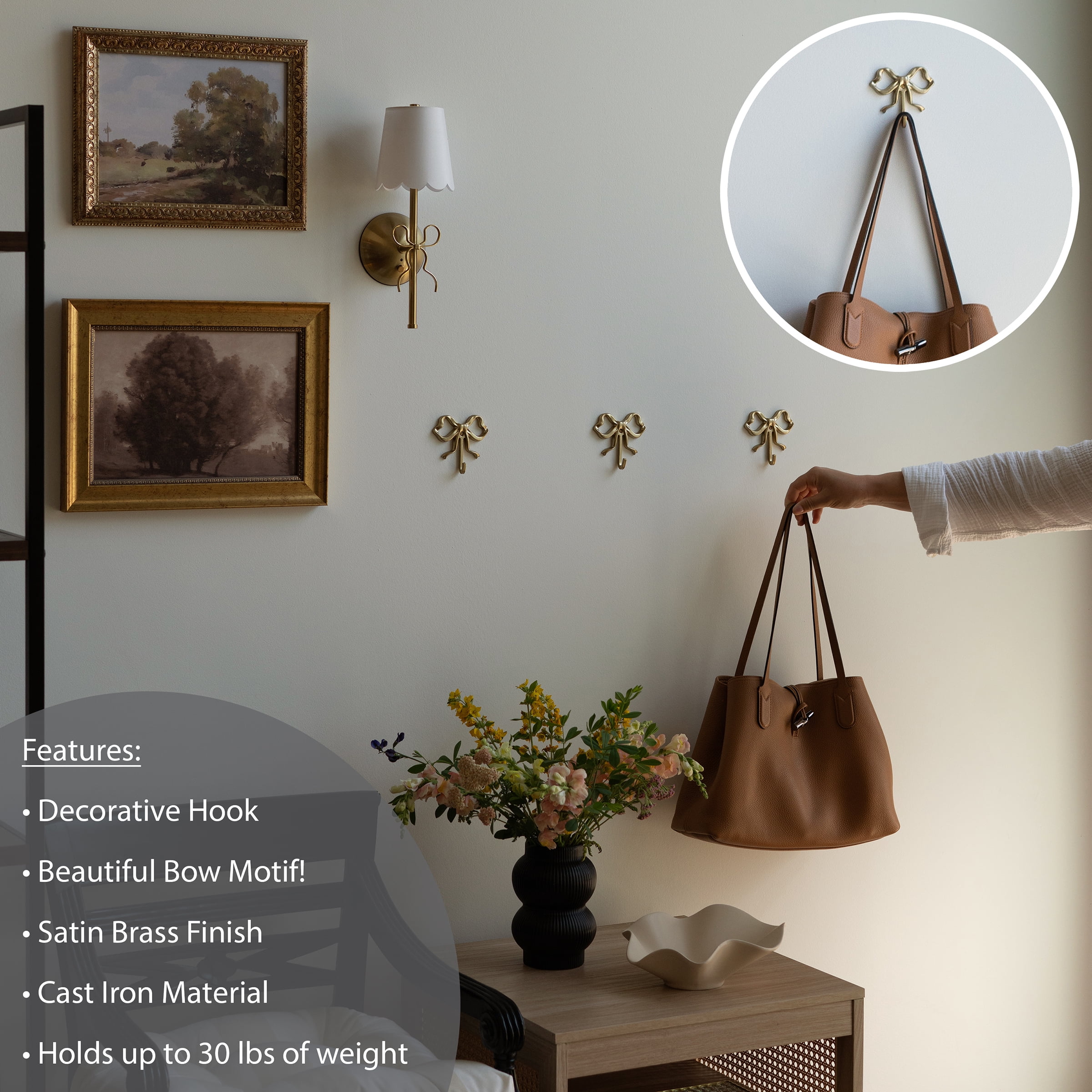 Home Decor Collection Sterling & Noble Home Gold Cast Iron Bow Design 3 PC Indoor Wall Hooks