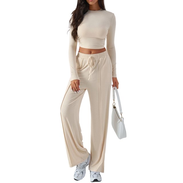 Conjunto Deportivo Y2K de Dos Piezas para Mujer, con Larga, Top Ajustado y Pantalones Anchos, Ideal para y Otoño Albaricoque L