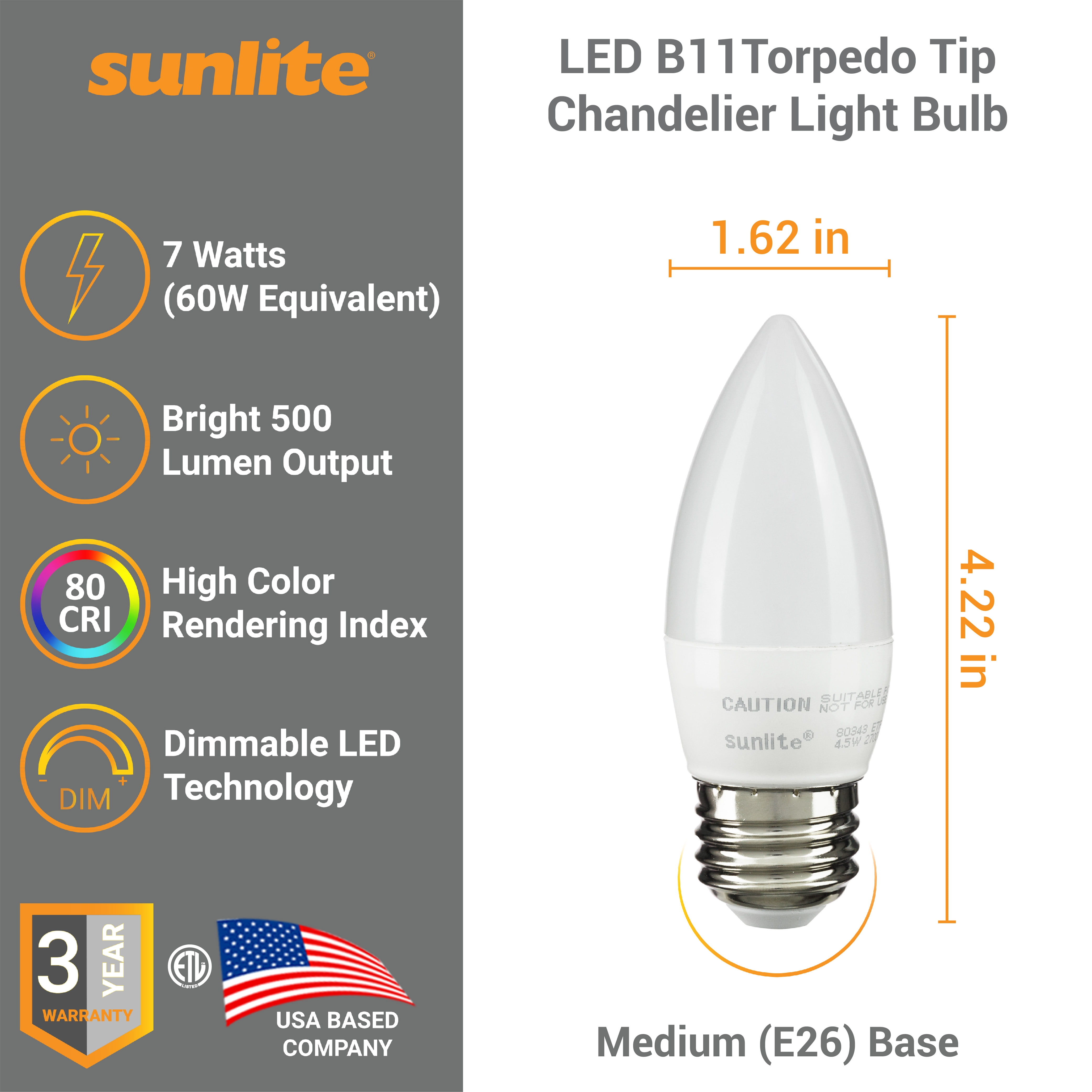 Sunlite LED B11 Torpedo Tip Chandelier Light Bulb, 7 Watts (60W Equivalent), Medium E26 Base, Dimmable, 2700K Soft White, Frost, 6 Pack