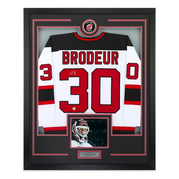 Martin Brodeur Signed New Jersey Devils Puck Logo 36x44 Jersey Frame
