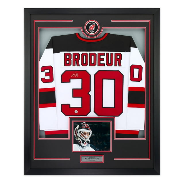 Martin Brodeur Signed New Jersey Devils Puck Logo 36x44 Jersey Frame