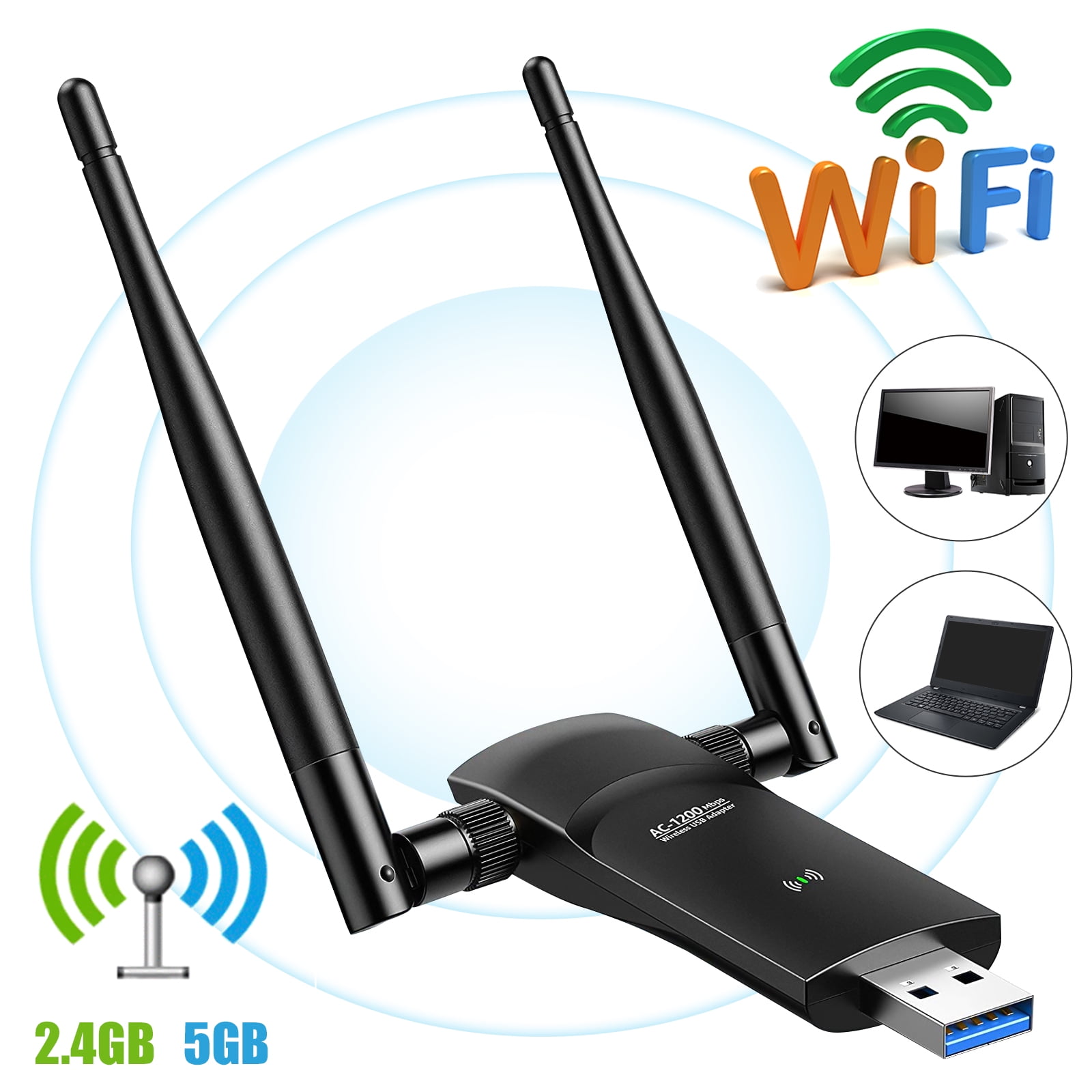 USB 3.0 Wireless Dongle Network High Gain Dual Band 2.4/5G 802.11ac with 5dBi Antenna for PC/Desktop/Laptop/Win 10/Win 8.1/ Win 8/Win 7/Vista/XP Mac OS 10.6-10.14 Kootek 1200Mbps USB WiFi Adapter 