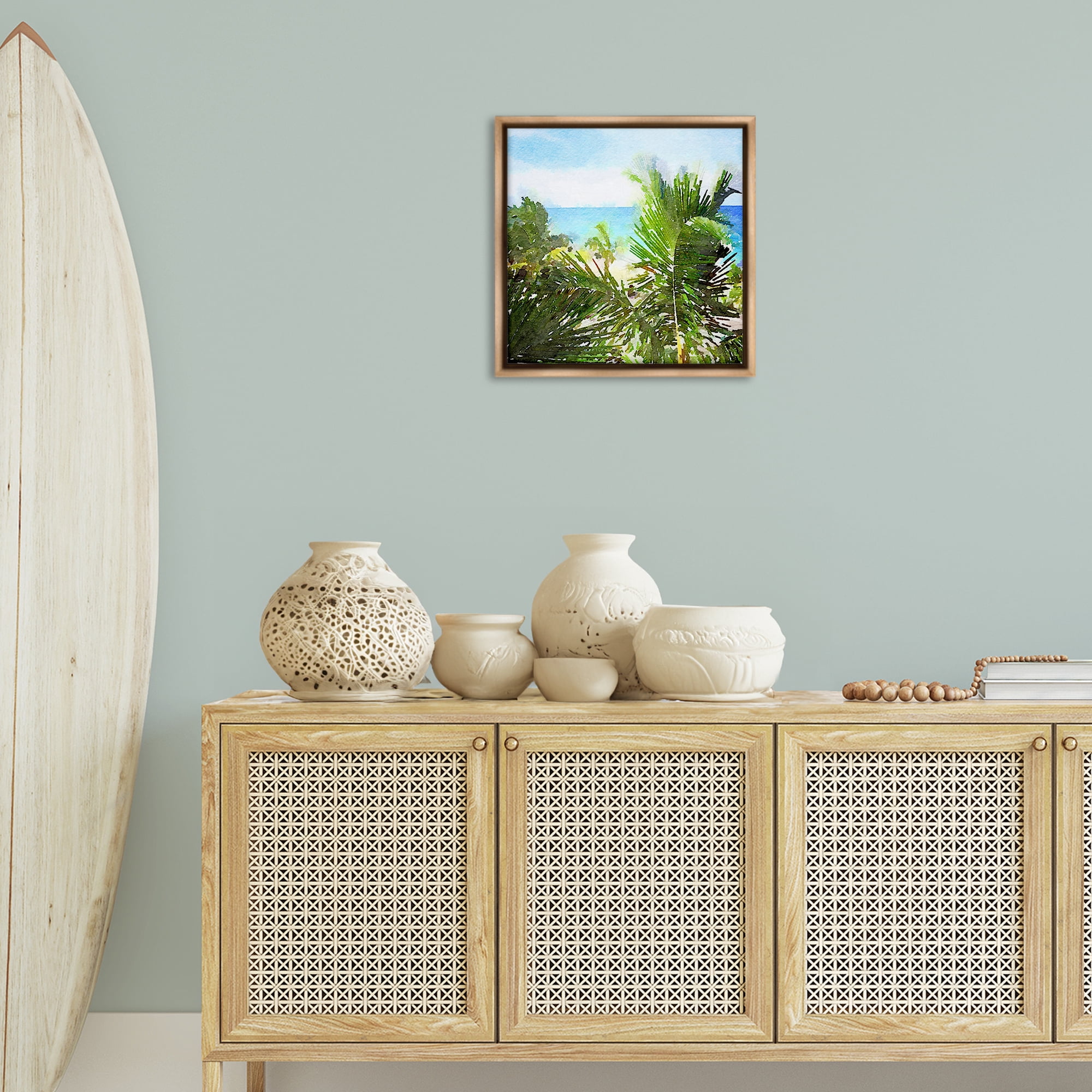 Stupell Industries Palm Leaves over Beach Landscape & Nature Painting Brown Floater Framed Canvas Art Print Wall Art, 18 x 18