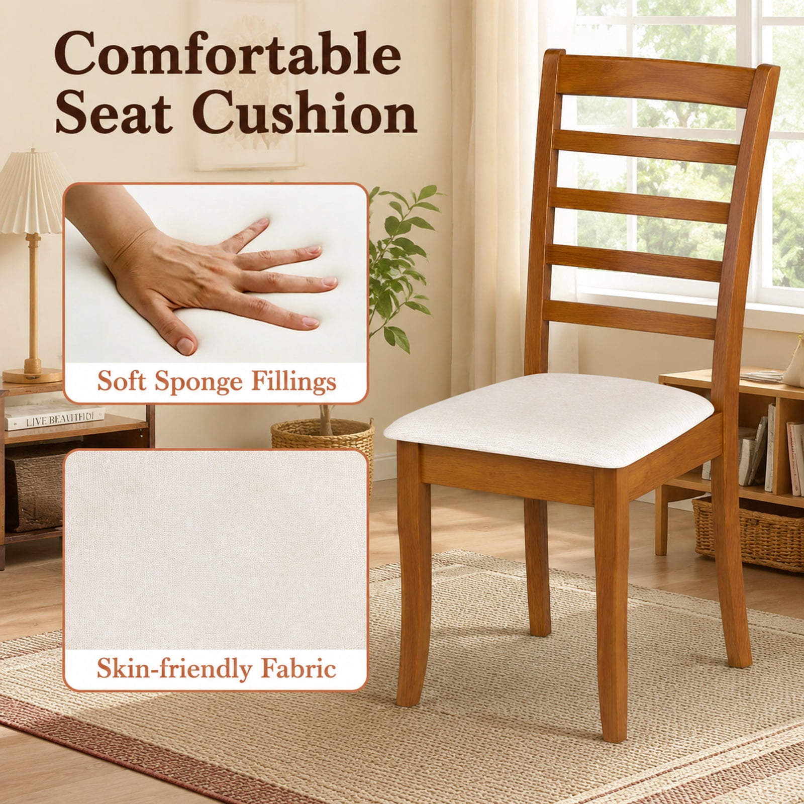 Furnibear Modern Wooden Dining Chairs Set of 2 Upholstered Kitchen Chair with Rubber Wood Frame and Padded Fabric Seat, Beige