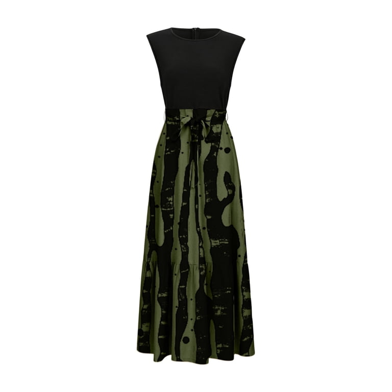 Swanpen Women's Summer Crew Neck Sleeveless Maxi Dress Ink Vertical Stripe Print High Waist Drawstring Tier Ruffle Loose Long Casual Skirt with Side 