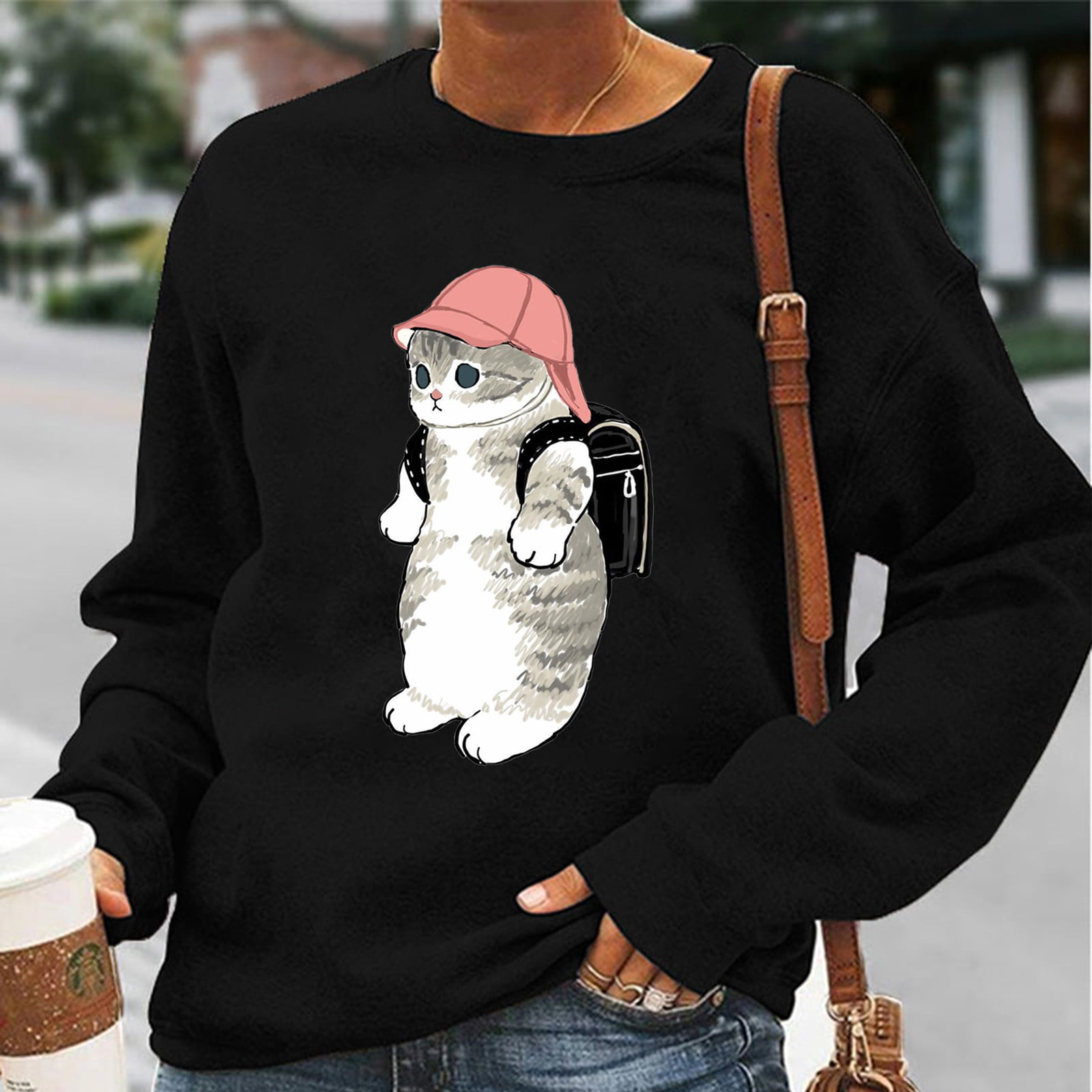 OKBOP Converse High Tops,Fashion Casual O-Neck Animal Cat Printing  Long-Sleeved Sweatshirt Ladies Tops And Blouses White Shirts for Women -  